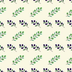 Seamless pattern with simple flat olive branches with berries in scandinavian style.  Minimalist vector background for your design. Mediterranean nature plant pattern.