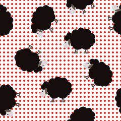 Cute seamless pattern with simple flat black sheep on polka dots background in scandinavian style. Minimalist vector for your design.