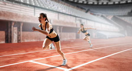 Sportswoman running race. Mixed media