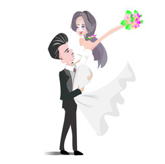 Wedding clipart . Illustration groom and bride. Cartoon character man in back suit and woman in white bridal gown for invitation card template.
