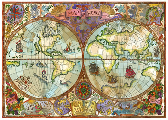 Fototapeta na wymiar Vector world atlas map on old paper with continents, lands, old ships. Pirate adventures, treasure hunt and old transportation concept. Vector illustration, vintage background