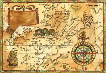 Vector old pirate map with winds rose, sailboat, sea monster and banner. Pirate adventures, treasure hunt and old transportation concept. Vector illustration, vintage background