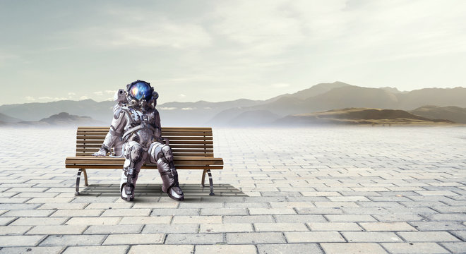 Rocketman on bench. Mixed media