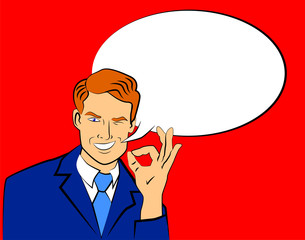 Vector vintage illustration of a young man winking while making the OK sign with his hand