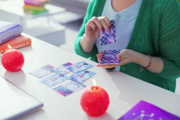 Top view of tarot cards lying on the table