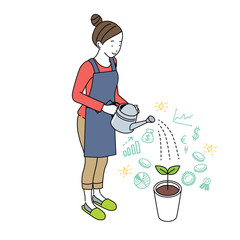 水やりをする女性　資産運用　イメージ　イラスト