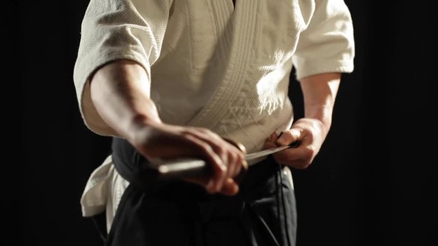Samurai martial arts demonstration, sword master front view