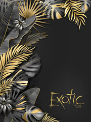 Vector exotical background with black and gold tropical leaves on dark gray background. Luxury exotic botanical design for spa, perfume,cosmetics, aroma, beauty salon etc.