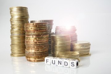 Coins and FUNDs word on white. Business and saving concept.Blurred image.