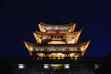Wuhualou Tower in Dali at Night, Yunnan Province, China. Writing on the building: Wuhualou