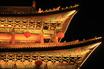 Wuhualou Tower in Dali at Night, Yunnan Province, China. Writing on the building: Wuhualou