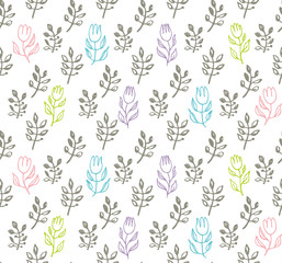 Seamless pattern of hand drawn blooming colorful tulips and wild herbs. Simple modern background for romantic design line art flowers.