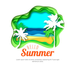 Template Hello Summer on papercut backrgound with silhouette palm trees