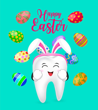 Bunny tooth with Easter eggs. Cute cartoon character design. Happy Easter day. Vector Illustration isolated on blue background.