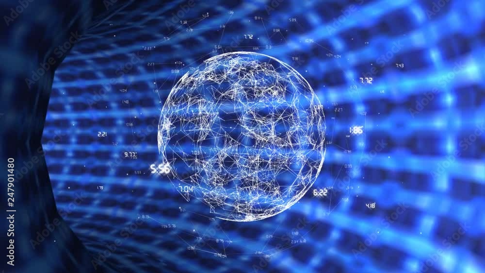Poster digital rotating earth with data on a tunnel background