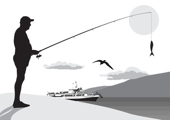 An elderly fisherman on the shore with a spinning rod. Fishing at sea. Mountains, seagulls, ship.