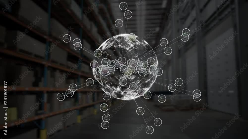 Poster digital rotating earth with data on a warehouse background