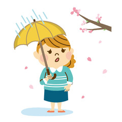 お花見　雨でかなしむ女性