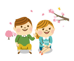 お花見をする男女