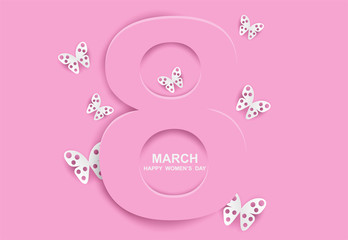 8 march. Happy Woman's Day background. Design with butterfly, paper art  .Vector