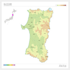 秋田県の地図（等高線・色分け・市町村・区分け）