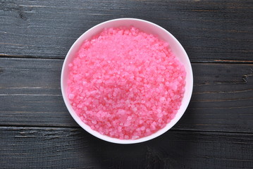 Spa and body care products. Colorful aromatic bath Dead Sea salt. Natural ingredients for homemade body salt scrub. Dead Sea cosmetics. Beauty skin care. Spa treatment.