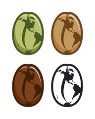 Coffee beans icons with stylized World map