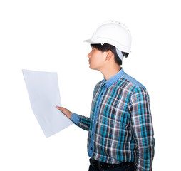 Engineer holding rolled blueprints inspect construction and wear white safety helmet plastic on white background