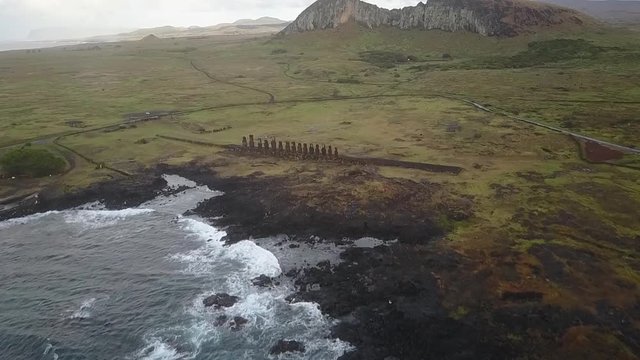 Aerial Footage view from drone over Ahu Tongariki, the most amazing Ahu platform on Easter Island. 15 moais still stand up at the south east of the Island. Ahu Tongariki reveals the Moais magic 1/5