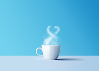 hot black coffee in white coffee mug with aroma smoke and love heart