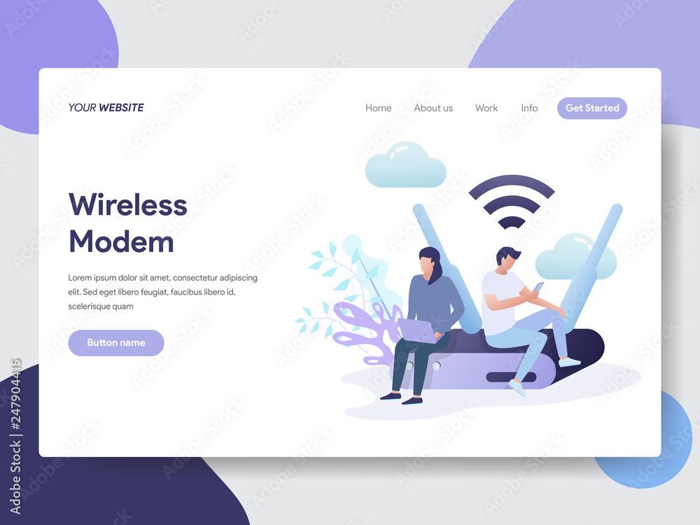 Poster landing page template of wireless modem illustration concept. modern flat design concept of web page