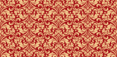 Wallpaper in the style of Baroque. Seamless vector background. Gold and red floral ornament. Graphic pattern for fabric, wallpaper, packaging. Ornate Damask flower ornament