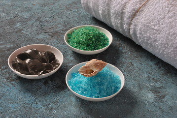 Dead Sea cosmetics. Spa and body care products. Colorful aromatic bath Dead Sea Salt and black Dead Sea Mud. Natural ingredients for homemade body scrub.  Beauty skin care. Spa treatment 