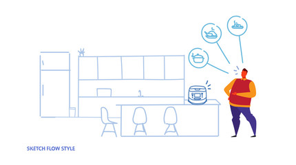 home automatic multicooker controlled by man smart tech multi cooker recognizes commands voice control concept modern kitchen interior sketch flow style horizontal