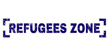 REFUGEES ZONE label seal print with grunge style. Text label is placed between corners. Blue vector rubber print of REFUGEES ZONE with grunge texture.