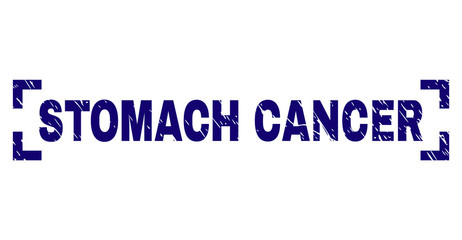 STOMACH CANCER tag seal imprint with grunge style. Text tag is placed between corners. Blue vector rubber print of STOMACH CANCER with grunge texture.