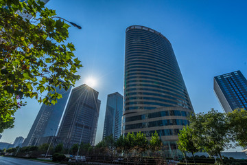 Fototapeta premium low angle view of skyscrapers in city of China.