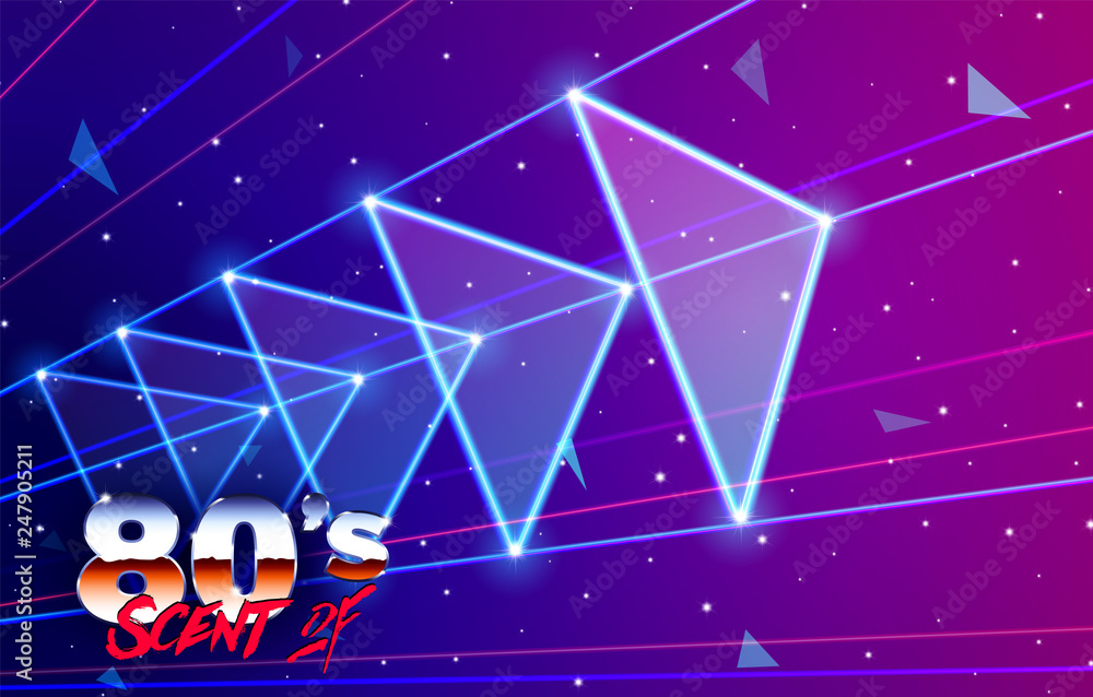 Poster neon 80s styled triangles flying in space with laser rays