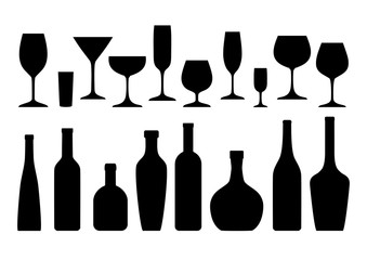 Black silhouettes of bottles and glasses on a white background. Set of different glasses and bottles.