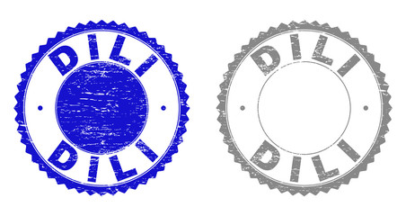 Grunge DILI stamp seals isolated on a white background. Rosette seals with distress texture in blue and grey colors. Vector rubber stamp imitation of DILI text inside round rosette.