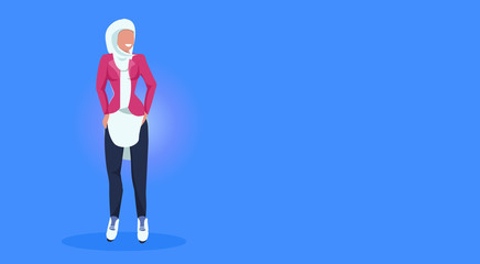 arab woman standing pose happy arabic girl wearing hijab fashion clothes muslim female cartoon character full length flat blue background horizontal