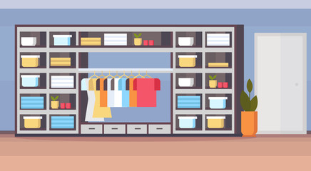 big fashion shop empty nobody boutique female clothes shopping mall interior flat horizontal