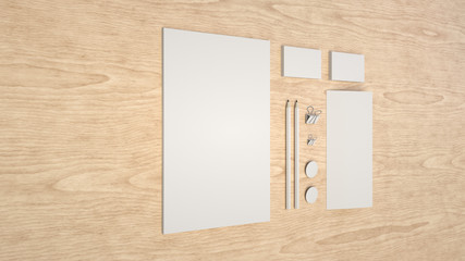 Sheet of paper, business cards, binder clips, badges and pencils