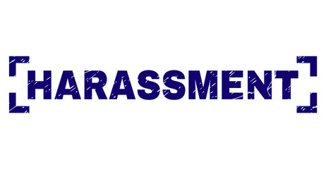 HARASSMENT title seal print with grunge style. Text title is placed between corners. Blue vector rubber print of HARASSMENT with retro texture.