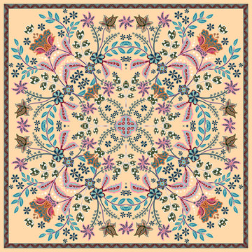 Fantastic flower ornament. Beautiful vector pattern.Design can be used for Card, bandana print, kerchief design, napkin.