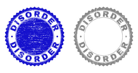 Obraz premium Grunge DISORDER stamp seals isolated on a white background. Rosette seals with grunge texture in blue and grey colors. Vector rubber stamp imprint of DISORDER caption inside round rosette.