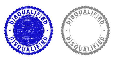 Grunge DISQUALIFIED stamp seals isolated on a white background. Rosette seals with grunge texture in blue and grey colors. Vector rubber stamp imitation of DISQUALIFIED label inside round rosette.
