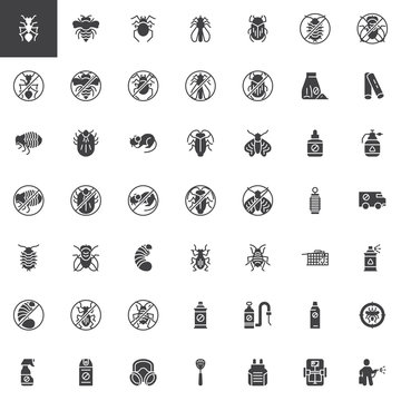 Pest control vector icons set, modern solid symbol collection, filled style pictogram pack. Signs, logo illustration. Set includes icons as Ant insect, Mosquito spray bottle, Cockroach, Fly swatter