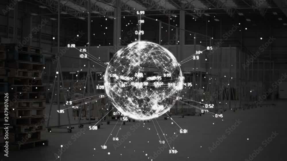 Poster digital rotating earth with data on a warehouse background