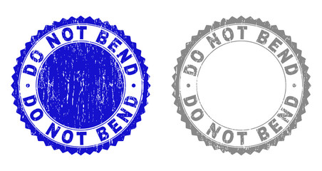 Grunge DO NOT BEND stamp seals isolated on a white background. Rosette seals with grunge texture in blue and grey colors. Vector rubber stamp imitation of DO NOT BEND caption inside round rosette.
